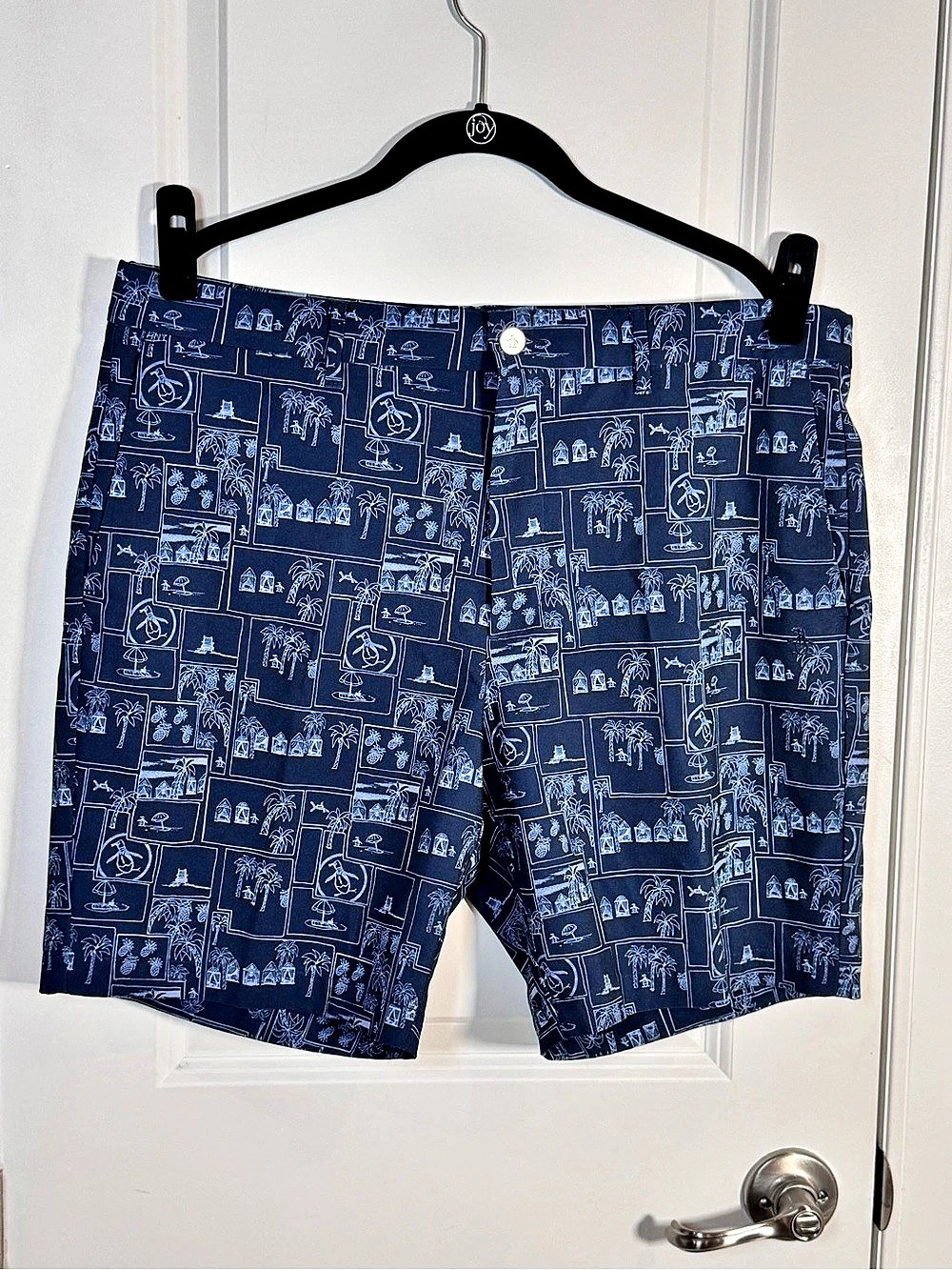 Original Penguin Golf Shorts 36 Navy Tropical Postcard Print Stretch 9” Inseam